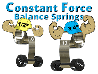 Constant Force Spring Characters Lifting Weights 1/2" yellow hatted and 1/3" blue hatted constant force springs lifting weights. Constant Force Balance Springs today’s window requirements demand quality and consistency. Springs need to pull their weigh and no less.