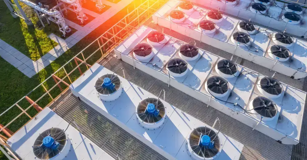 Industry equipment Air conditioning of plant, drone aerial top view of roof Industry equipment Air conditioning of plant, drone aerial top view of roof